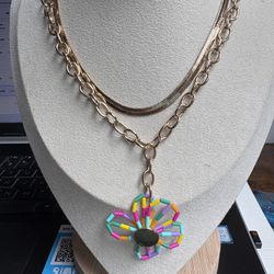 Gold Layered Chain Necklace with Flower Pendant