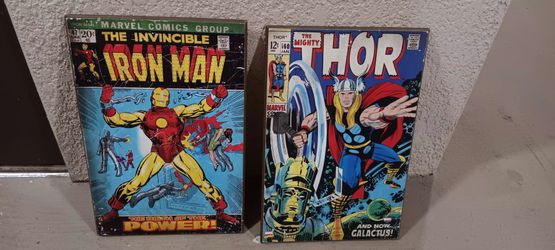 Marvel Comics IRON MAN Comic Book Art Print  13" X 19" & Thor Metal Wall Hanging Comic