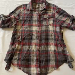 Checker Plaid Shirt Top Button Up Apparel Short Sleeve Pocket Front Women