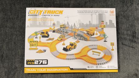 276 Pc Construction Truck Race Track Set – Flexible Track, Bridge, 2 Vehicles – Ages 3+