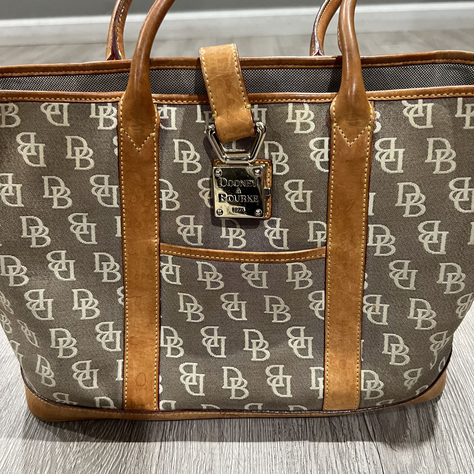 Dooney & Bourke Signature Monogram Tote Bag Tan Brown Leather Trim