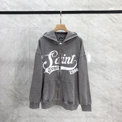 Graphic Zip Up Hoodie Gray High Quality
