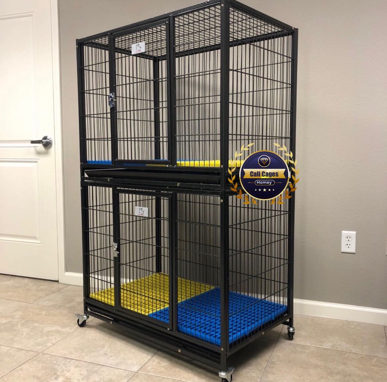 Double Stacked Dog Pet Cage Kennel Size 37” Medium Folding With Grid And Trays