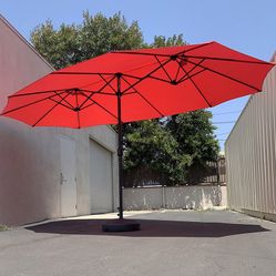 (New in box) $130 Large 15FT Double Sided Outdoor Umbrella w/ 65 LBS Plastic Weight Base (Red/Gray) 