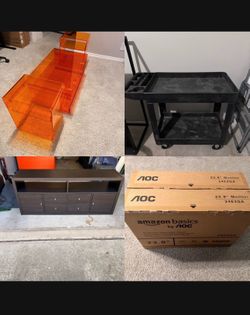 AOC Monitors, Acrylic tables, IKEA TV stand Utility Cart