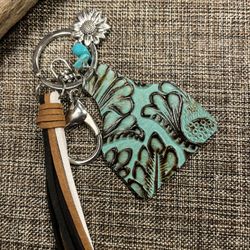 2047-RMT Western Keychain Leather Flower Print, Beads And Silver Color Hardware