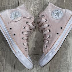 Pink Velvet High Top Converse With Ribbon Laces 