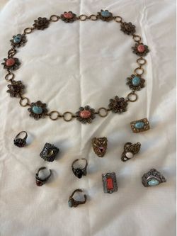 Vintage 1970s Boho Costume Jewelry – Filigree Rings & Cabochon Chain Belt