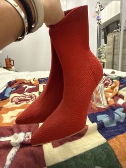 Red Knit Sock Boots with Clear Heel