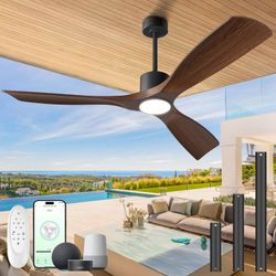52" Modern Outdoor Ceiling Fan with Light & Remote, 3 Solid Wood Blades, Smart App & Voice Control, Dimmable LED, Reversible DC Motor, Quiet Waterproo