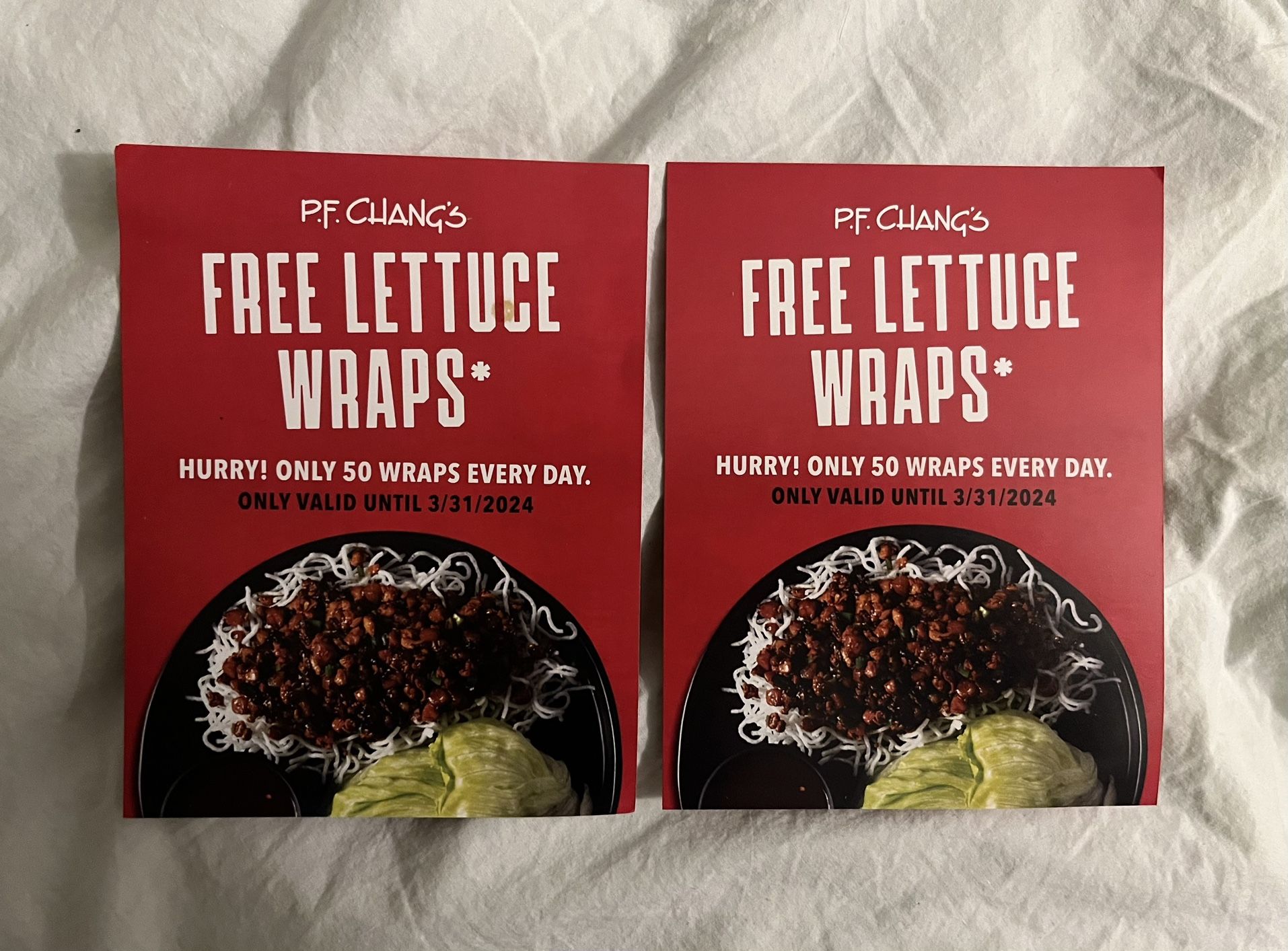 2 PF Chang’s coupons, free lettuce wraps, expires 3/31/2024
