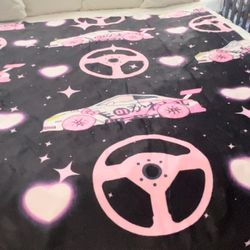 Hello Kitty Race Car Black, Pink Glowing Heart, Pink Steering Wheel, pattern Black Velveteen Plush Blanket