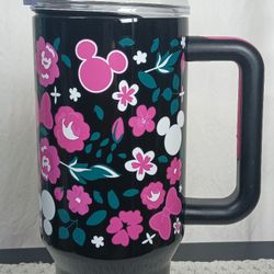 Disney Black & Pink Mickey & Minnie Mouse Floral 40oz Stainless Tumbler Cup 