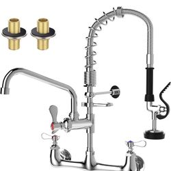 Commercial Pre-Rinse Sink Faucet – Wall Mount Professional Kitchen Faucet with Pre-Rinse Sprayer, 8-Inch Adjustable Center, 21-Inch Height Designed fo