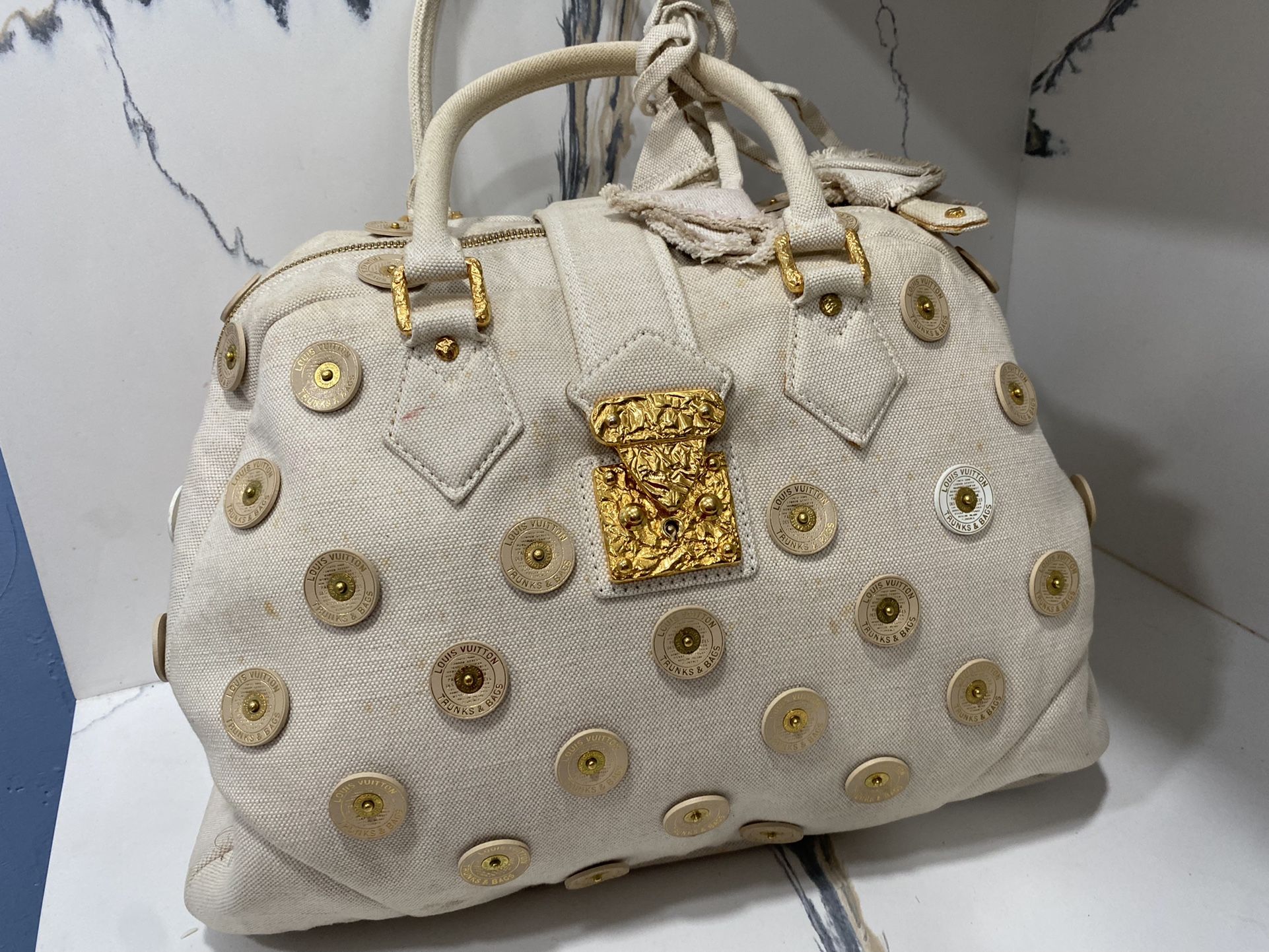 Louis Vuitton Light Beige Canvas Bowly Polka Dot Panama Bag