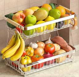 2-Tier Stainless Steel Fruit Basket with Banana Hanger