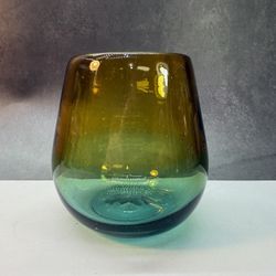 (1) Ombre Stemless Wine Glass Hand Blown~AMBER~GREEN~4.25"x3"x4"~Rock Glass~Tumbler  Recycled Glass Sunset Artisan Cabo Beach Style Drinking Glass Eco