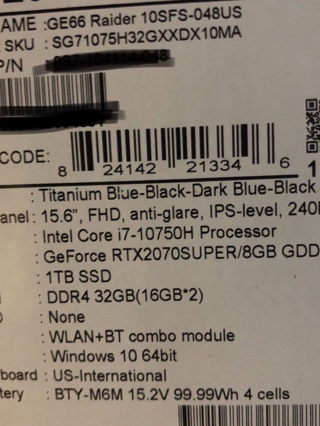 NEW sealed MSI Gaming Laptop GE66 10SFS 15.6"- Intel Core i7 - 32GB Memory - NVIDIA GeForce RTX 2070 SUPER - 1TB SSD - Titanium Blue-Black