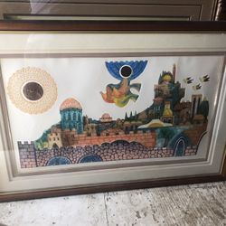 Large Jerusalem Painting w/ Metal Disks, Artist Unknown 