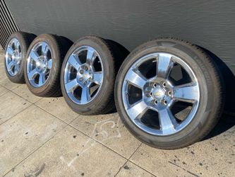 Set 20” Chevy Silverado newly Polished Face, 6x5.5 w new tires, size 235/55/20 front, 265/50/20 rears, 100% tread, set up for. Lowered Trucks, sell al