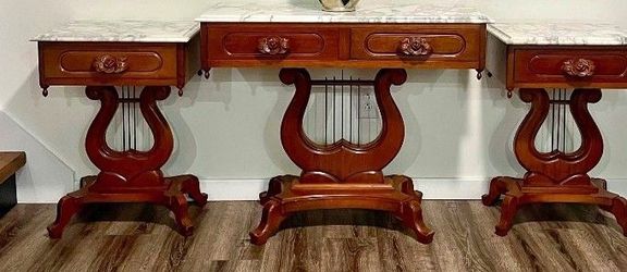 2 PC Set Italian Marble Top, Genuine Mahogany Lyre/harp Tables