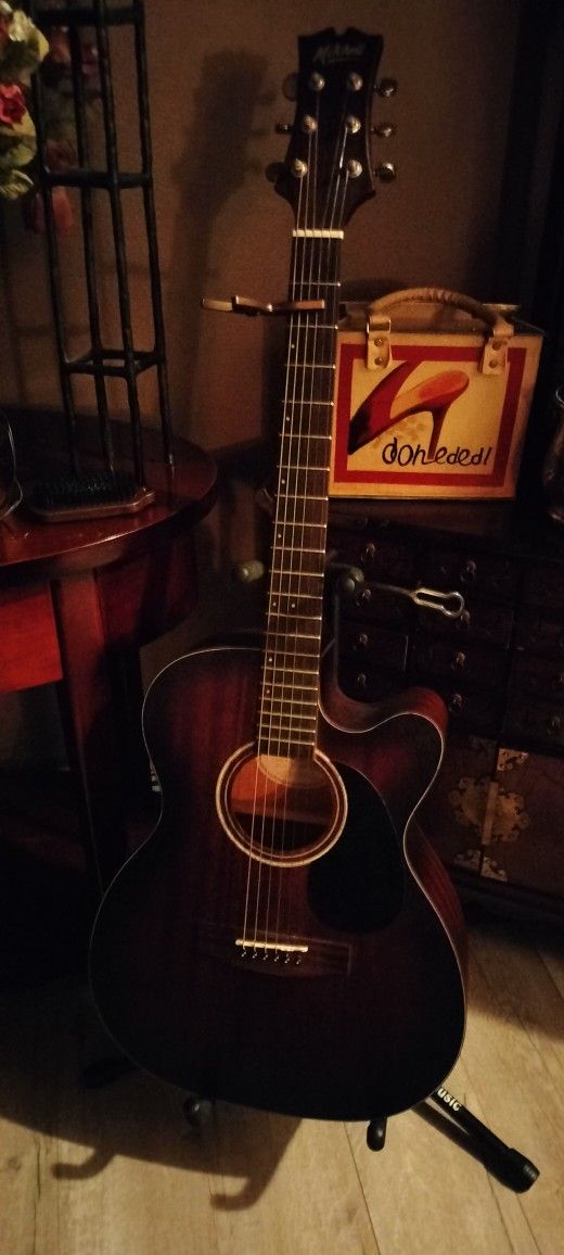 Mitchell T333CE-BST Solid Top Mahogany Auditorium Acoustic-Electric Guitar Edge Burst