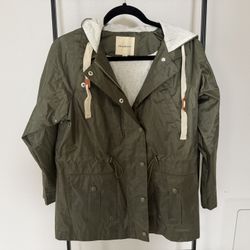 Thread & Supply Olive Hooded Utility / Rain Jacket – Jersey Hood, Waist Cinch, Size XS Petite
