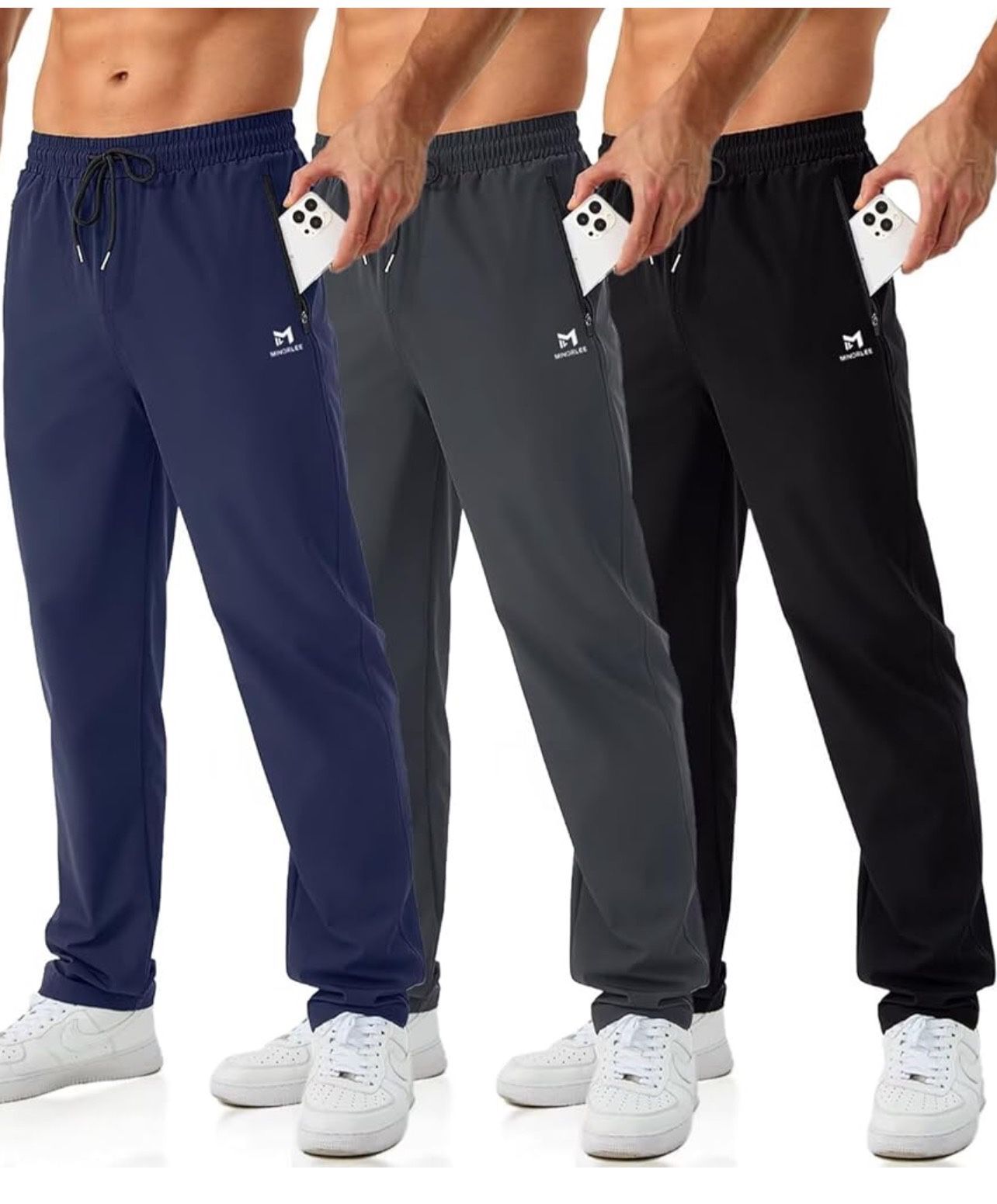 Mens Joggers with Zipper Pockets Open Bottom Sweatpants for Men 3 Pack Lightweight Track Pants Men for Workout,Gym