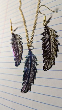 Iridescent Feather Necklace And Earrings