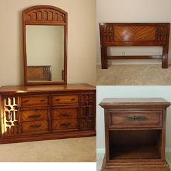 Moving sale! Vintage Mid-century solid wood bedroom set Dresser with mirror, night stand, headboard