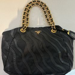 Prada black Tessuto leather tote with gold-tone hardware