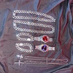 Chain Watch Necklace Cuban Link Iced Out Simulated Diamonds 