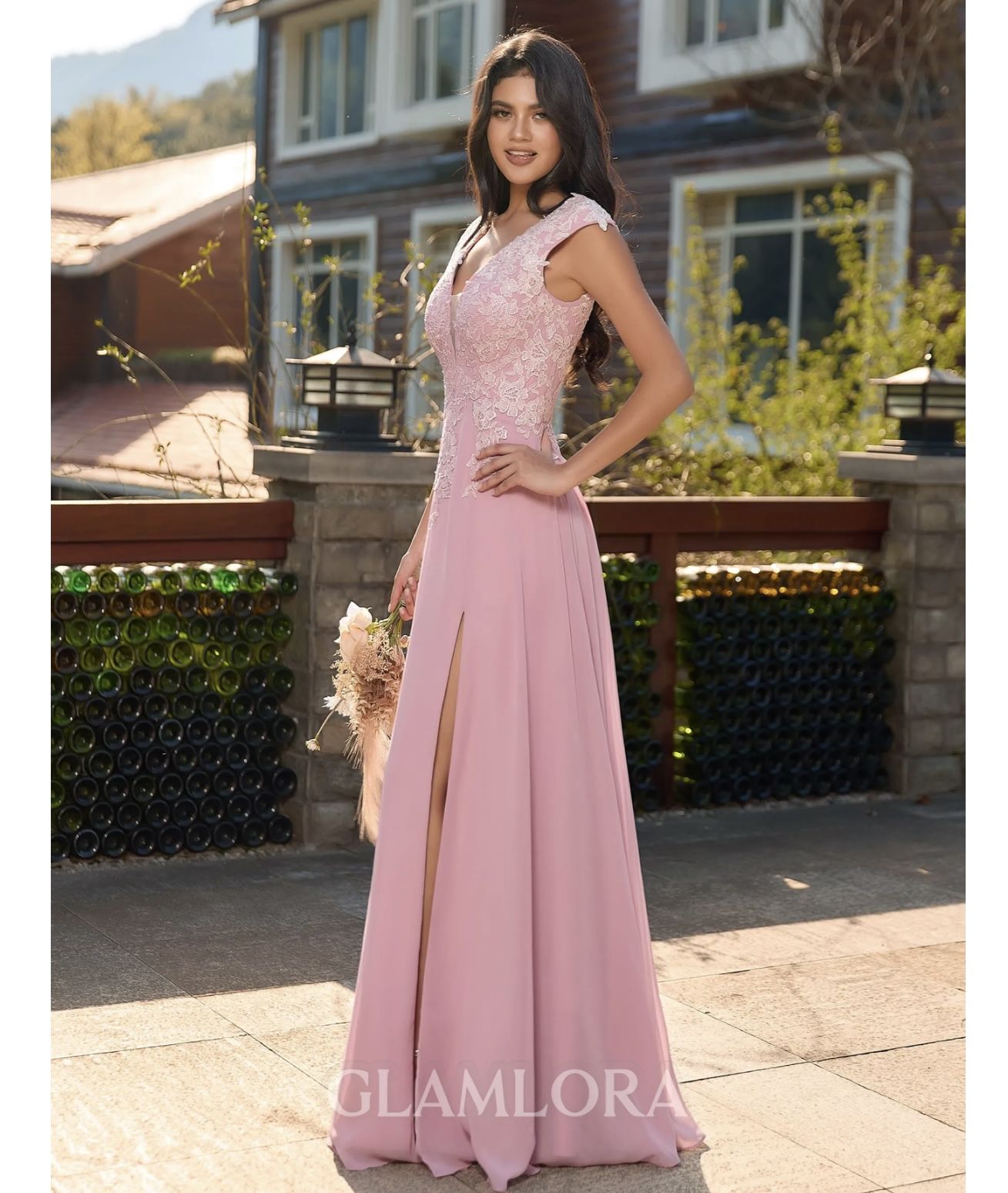 Pink Lace and Chiffon Evening Dress