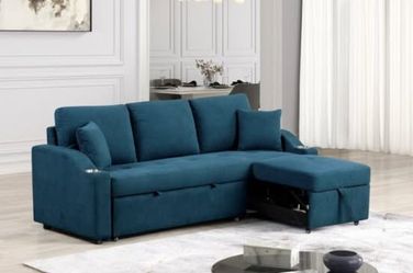 💎BLUE FABRIC SOFA SLEEPER SECTIONAL PILL OUT BED SILLON CAMA💎