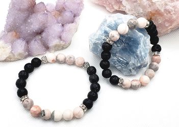 Pink Zebra Stone Black Lava Stone Crystal Healing Natural Gemstone Protection Healing Bracelet Aromatherapy