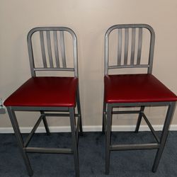 2 Red Silver Steel Bar Stool Chairs