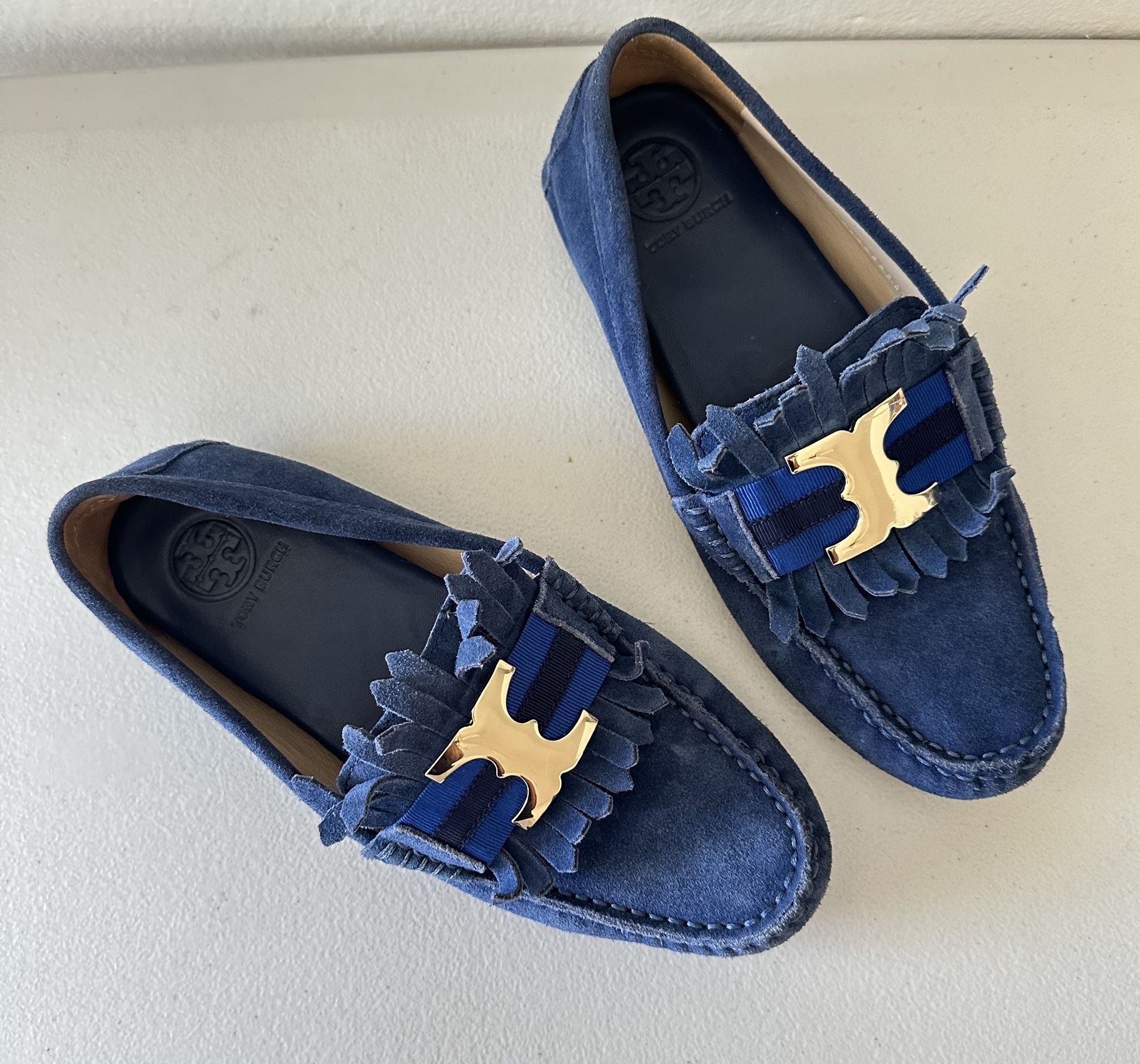 Tory Burch Size 6 Navy Suede Gemini Link Driver Loafers 