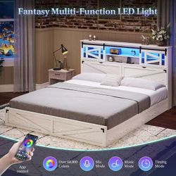 Farmhouse King Bed Frame with LED Lights and Charging Station,Wooden Platform Bed Frame with Storage Bookcase Headboard and 2 Drawers,Rustic Accent Be