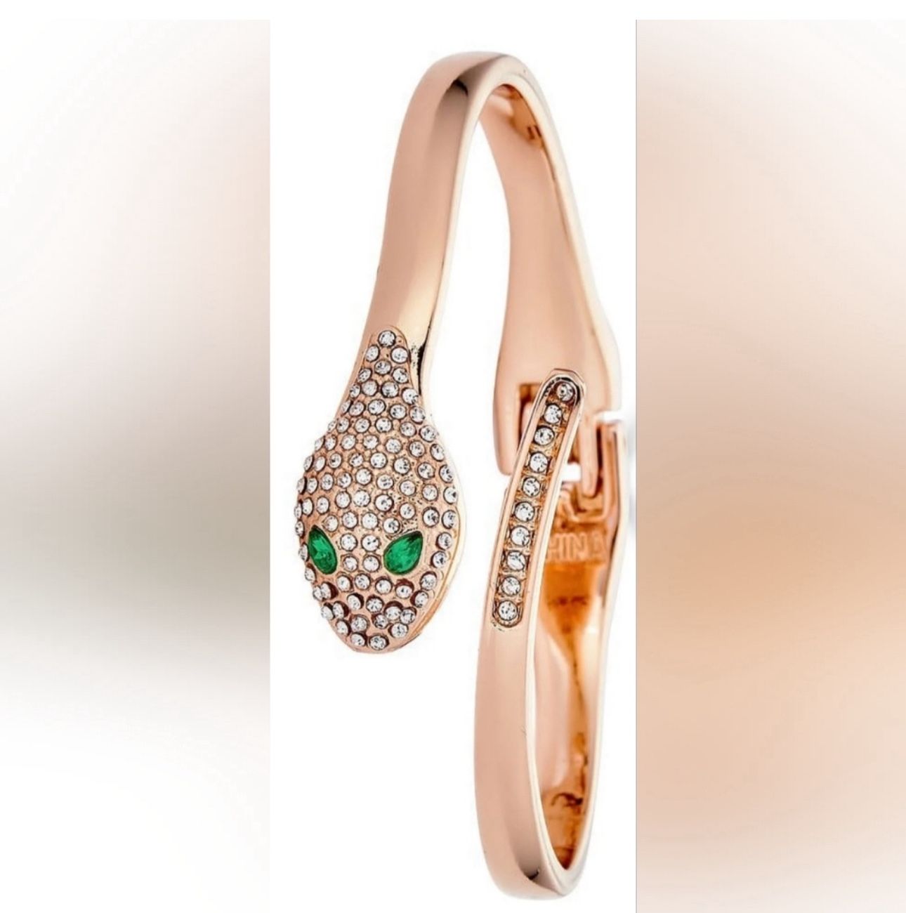 NWOT Rose Gold Tone Serpent Bangle w/ Crystal And Faux Emerald Accents