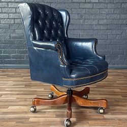 Vintage Wingback English Chesterfield Style Blue Leather Office Chair, c.1960’s - Delivery Available 
