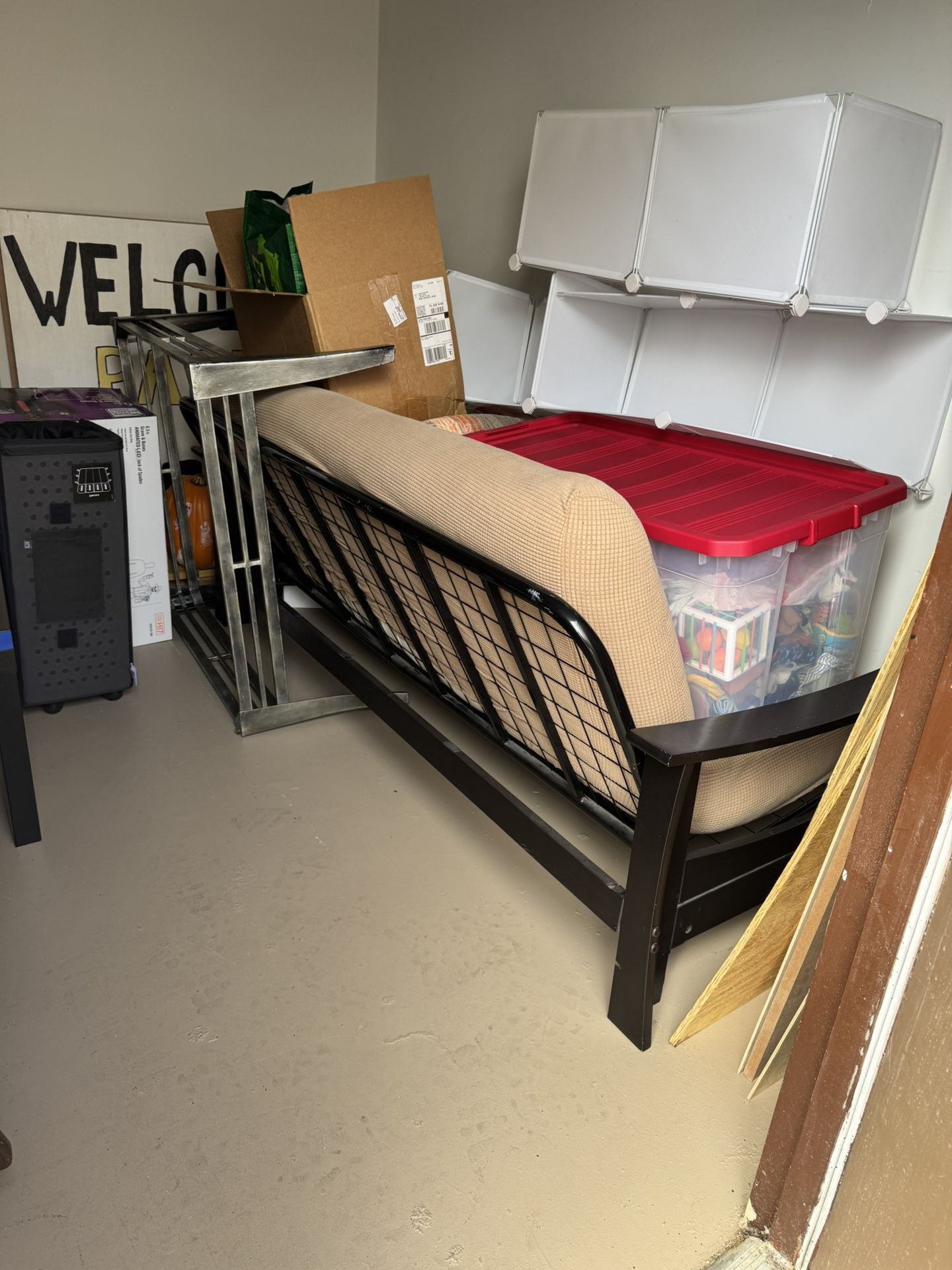 Futon/Couch With Metal Frame And Black Wood Arms
