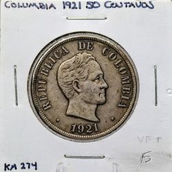 1921 Colombia 50 Centavos - 90% Silver