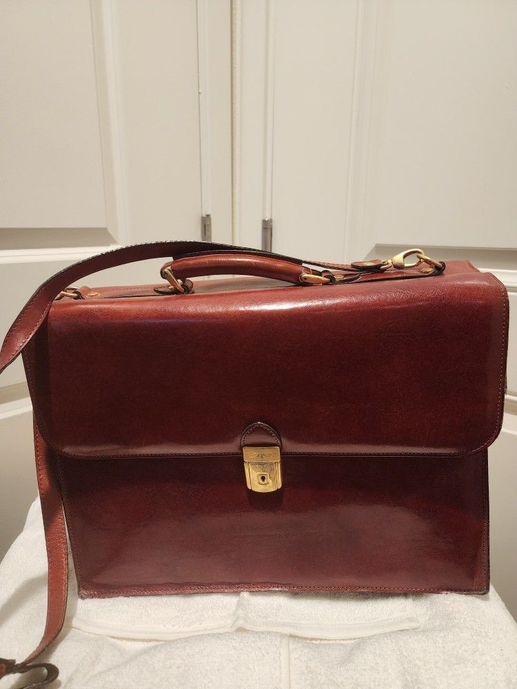 Vintage Bosca Cognac Briefcase/Triple Gusset With Strap