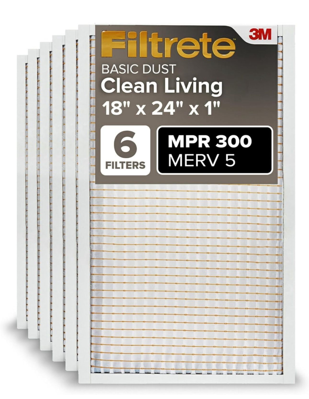 Filtrete 18x24x1 Air Filter, MPR 300, MERV 5, Clean Living Basic Dust 3-Month Pleated 1-Inch Air Filters, 6 Filters