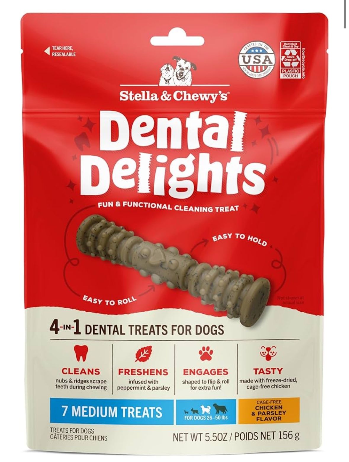 Stella & Chewy's Dental Delights with Freeze-Dried Chicken - Medium Dental Treats for Dogs, 5.5 Ounce Bag