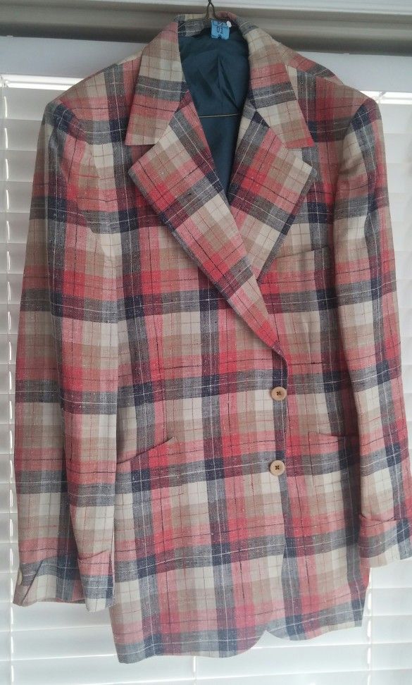 70's Men's Pinkish Red/Navy/Tan Plaid Linen Sportscoat