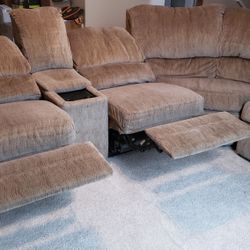 3 Piece Tan Sectional w/ Pull-out Bed & 2 Recliners