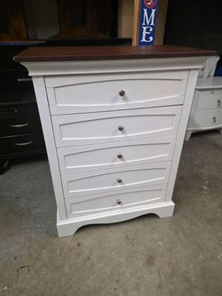 Whitewash 5 Drawer Tallboy Dresser with Brown Rustic Top