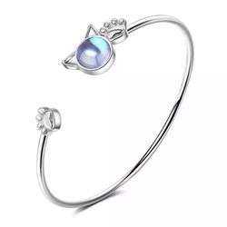 Kitty Moonstone Silver Open Bangle Bracelet & Ring Set 