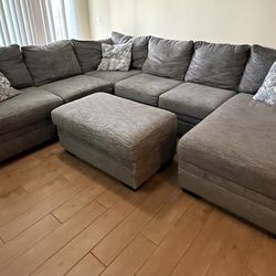 Large Pewter Gray Sectional Couch with Storage Ottoman